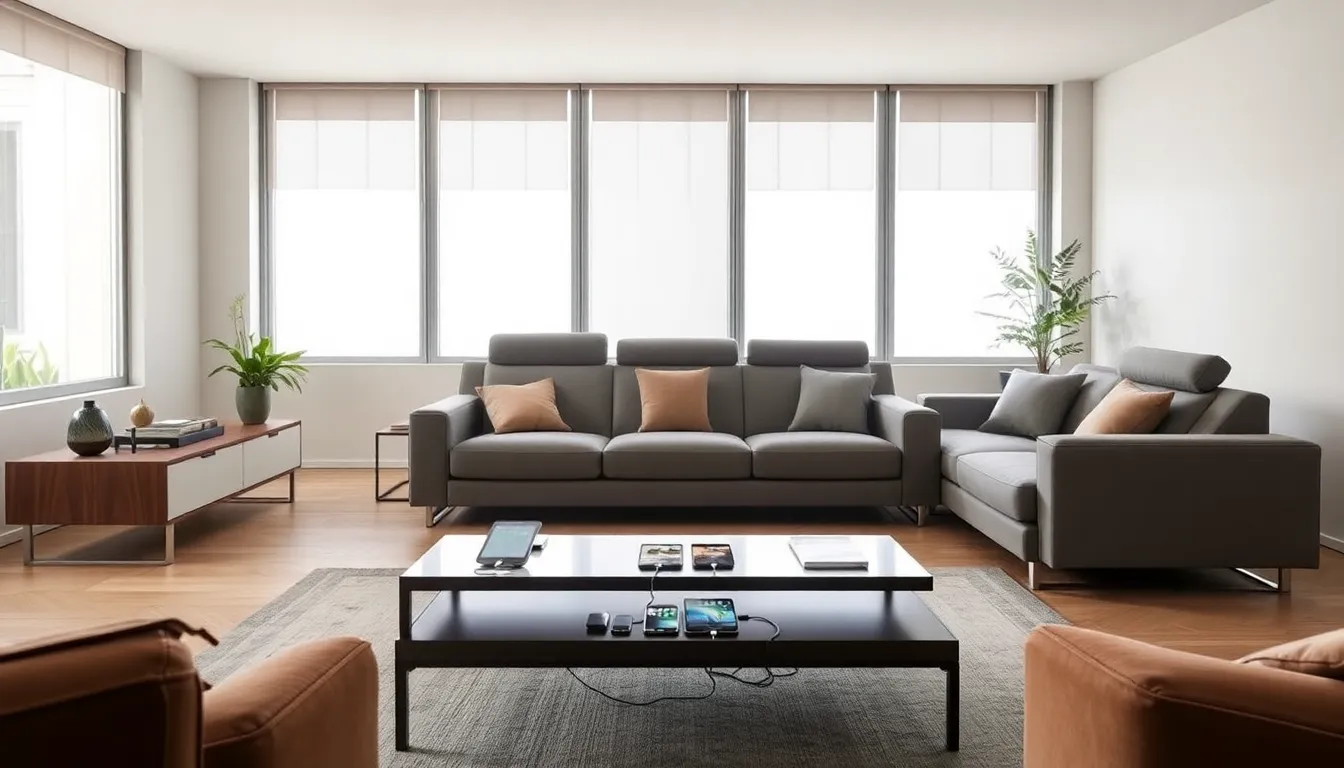 modern living room with smart furniture and charging table.