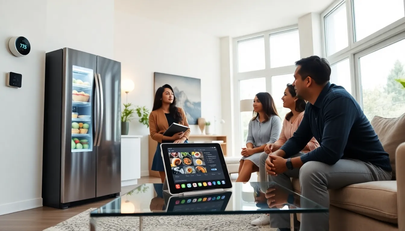 modern living room showcasing smart home technology and diverse professionals.