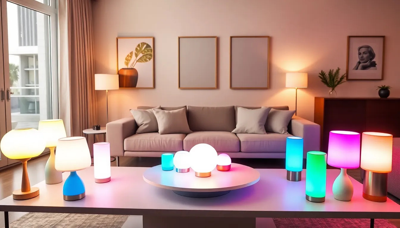 modern living room with smart lamps and a user adjusting settings.