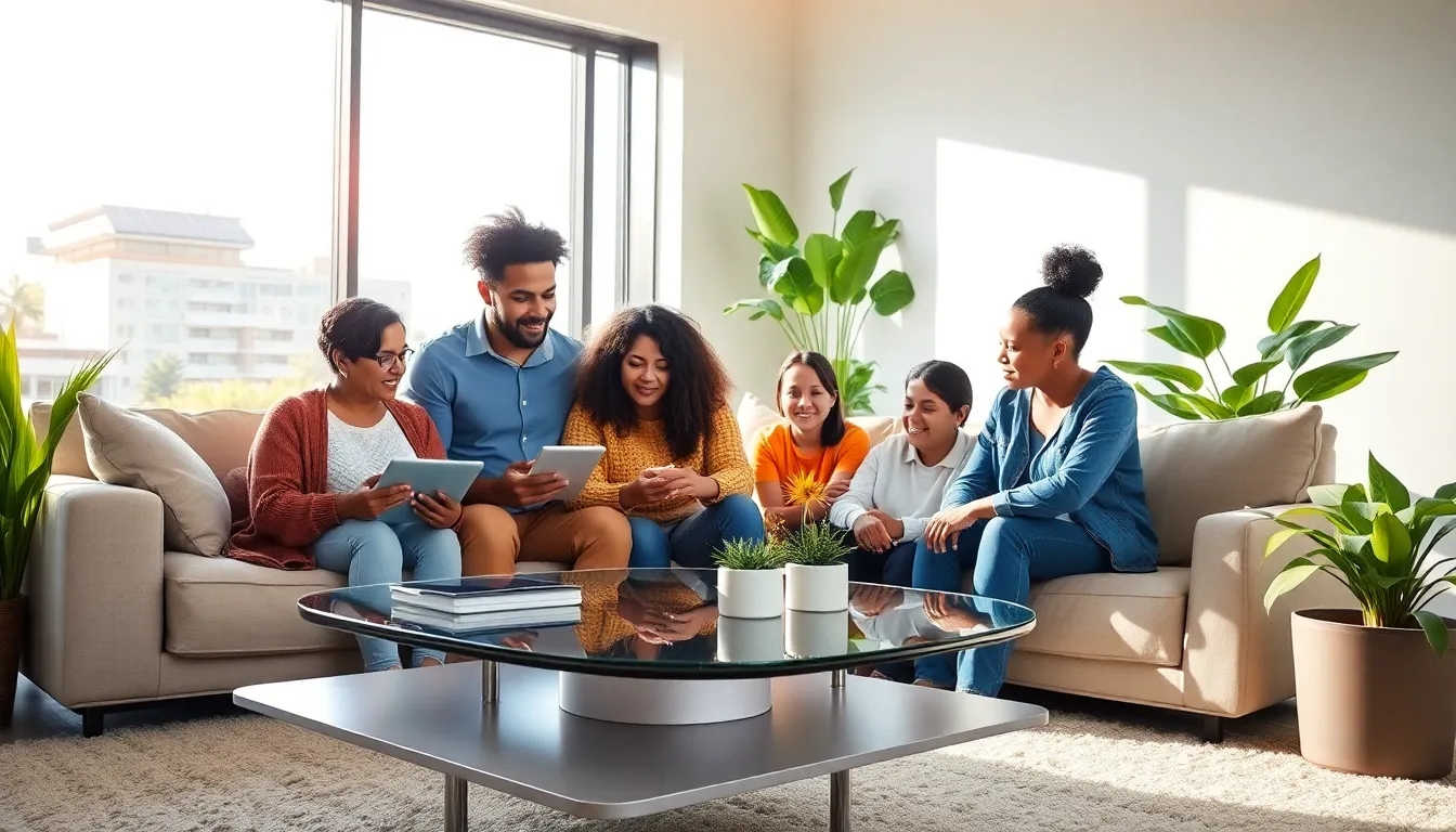 family using smart devices in a solar-powered living room.