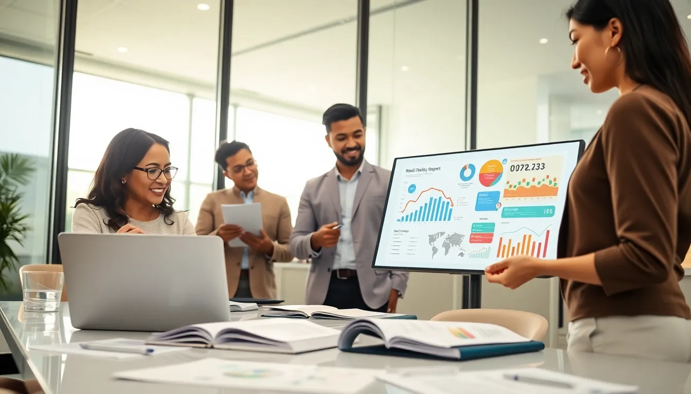 diverse team discussing wealth-building strategies in a modern office.
