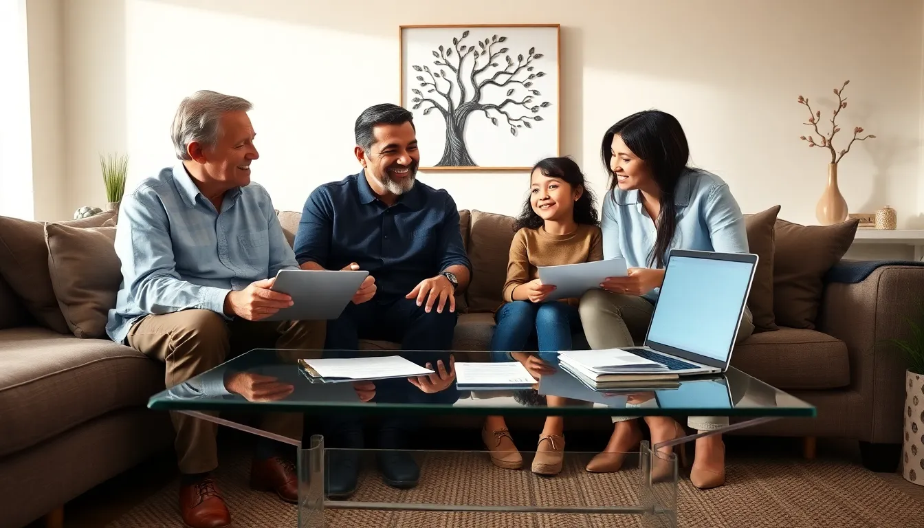diverse family discussing generational wealth in a modern living room.