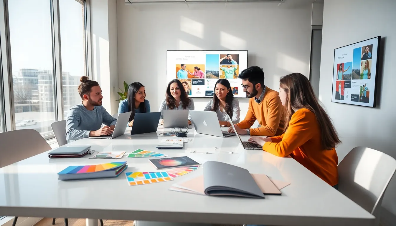 diverse graphic design team collaborating in a modern office.