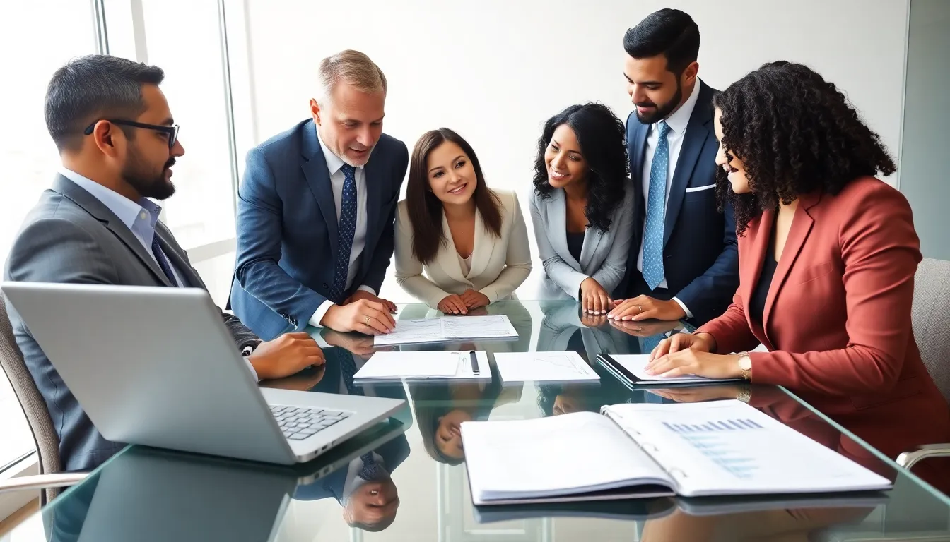 diverse professionals discussing wealth-building strategies in a modern office.