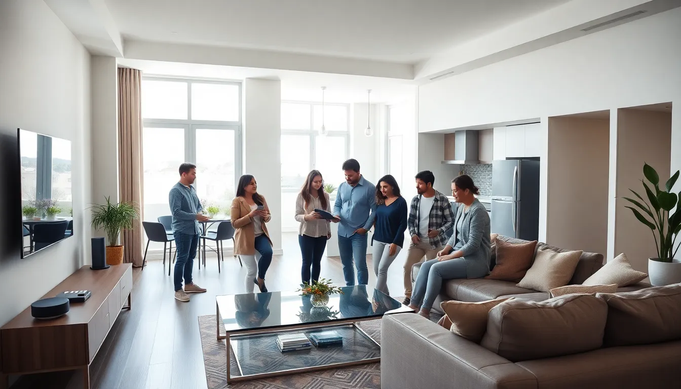 modern smart living space with residents collaborating and smart technology.
