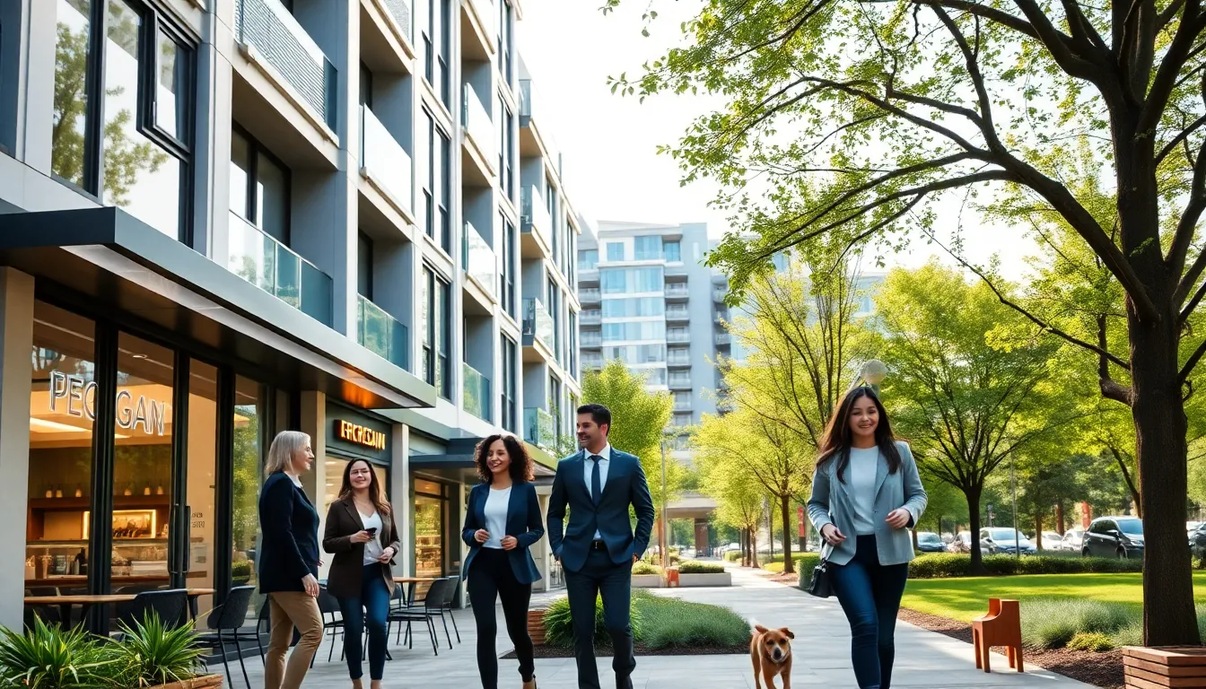 modern apartment complex with residents in a lively urban setting.