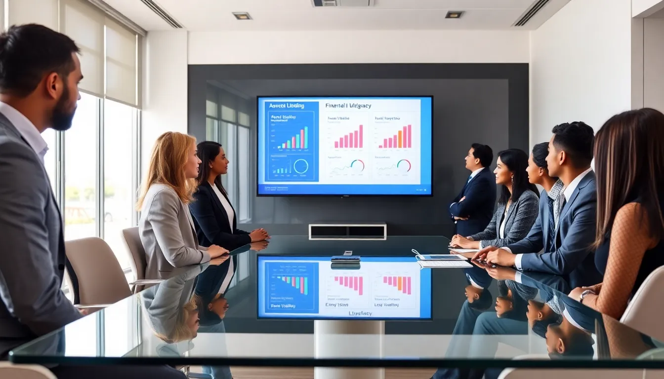 diverse professionals discussing wealth building strategies in a modern office.