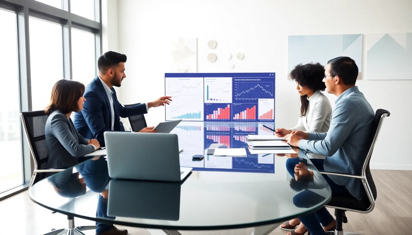 diverse financial professionals discussing wealth building assets in a modern office.