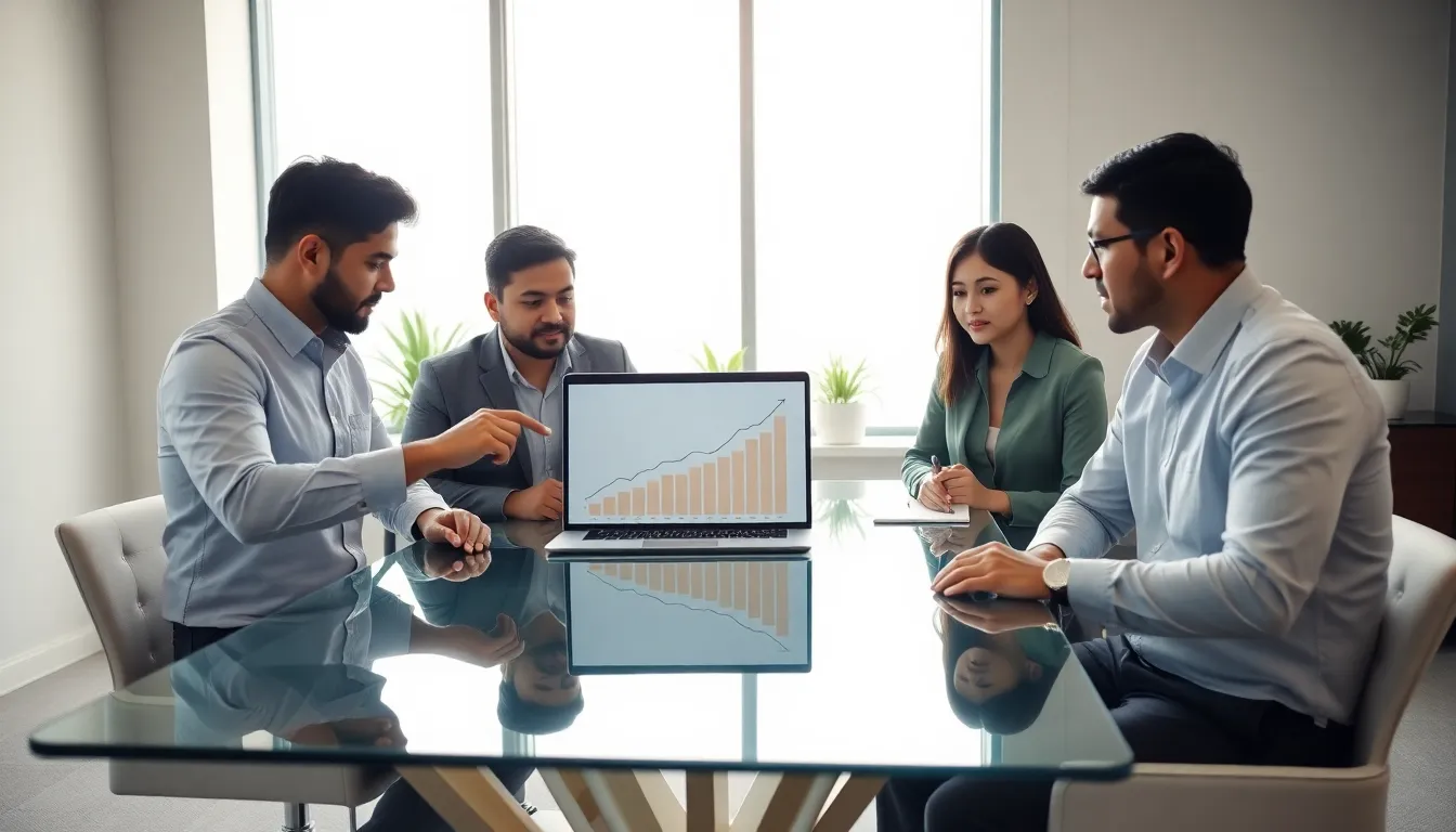 diverse team discussing wealth building strategies in a modern office