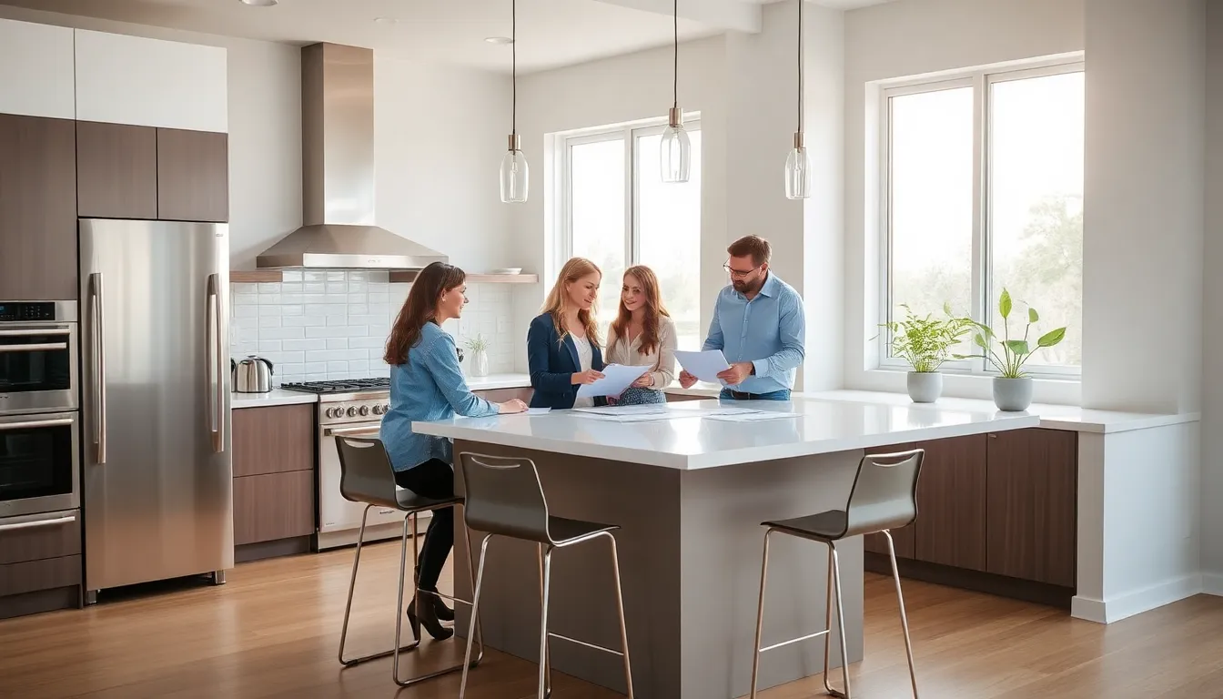 modern kitchen with professionals discussing design concepts around an island.