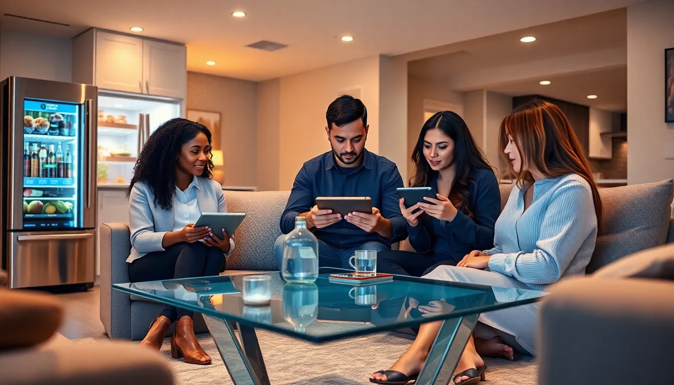 modern smart home interior with diverse professionals discussing technology.